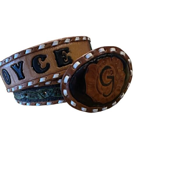 Vintage Hand Tooled Rose Leather Belt with Joyce on It Brown & Green Roses 32” main image 5